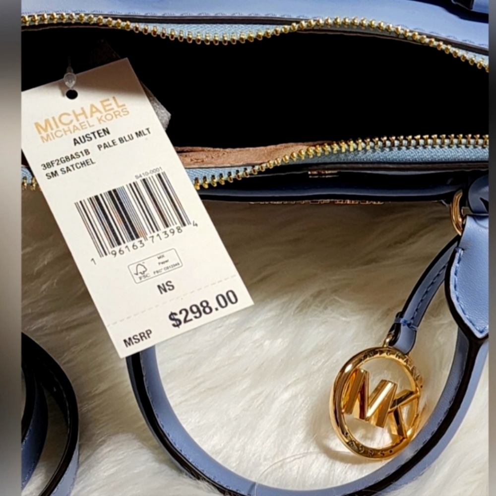 NEW! Michael Kors Pale Blue Leather & Vanilla Monogram Austen Small Satchel - Picture 7 of 8